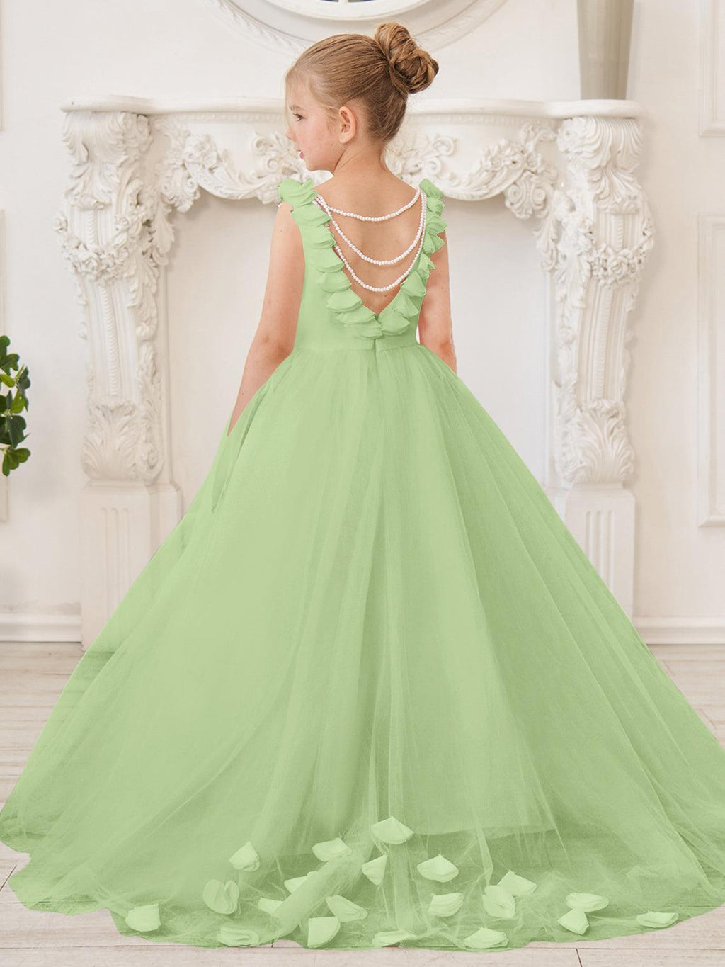 Elegante vestido de niña de las flores de tul blanco con cola larga 
