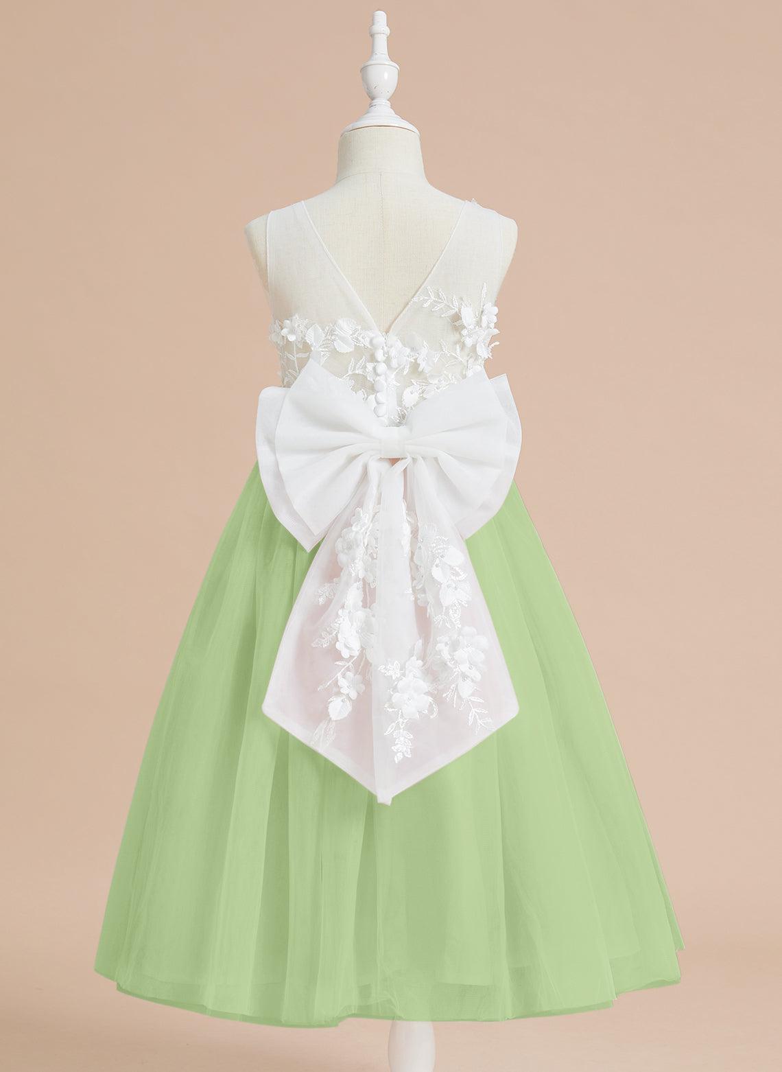 Vestido largo hasta la rodilla con encaje floral y lazo grande 