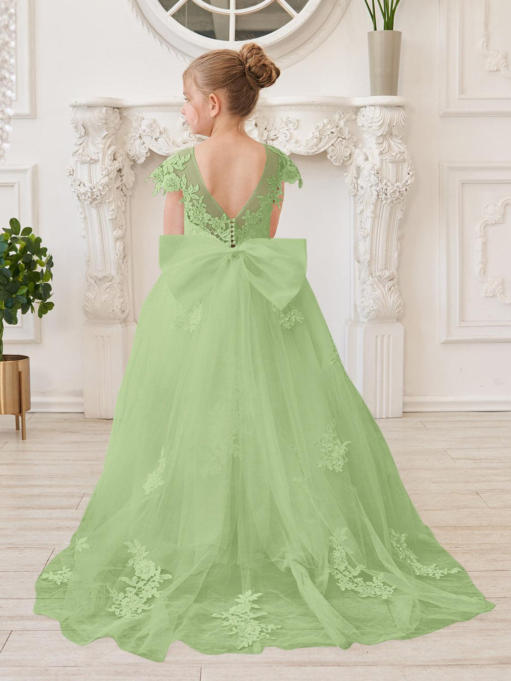 Vestido de princesa para primera comunión de niña de las flores, color marfil, con cola desmontable 