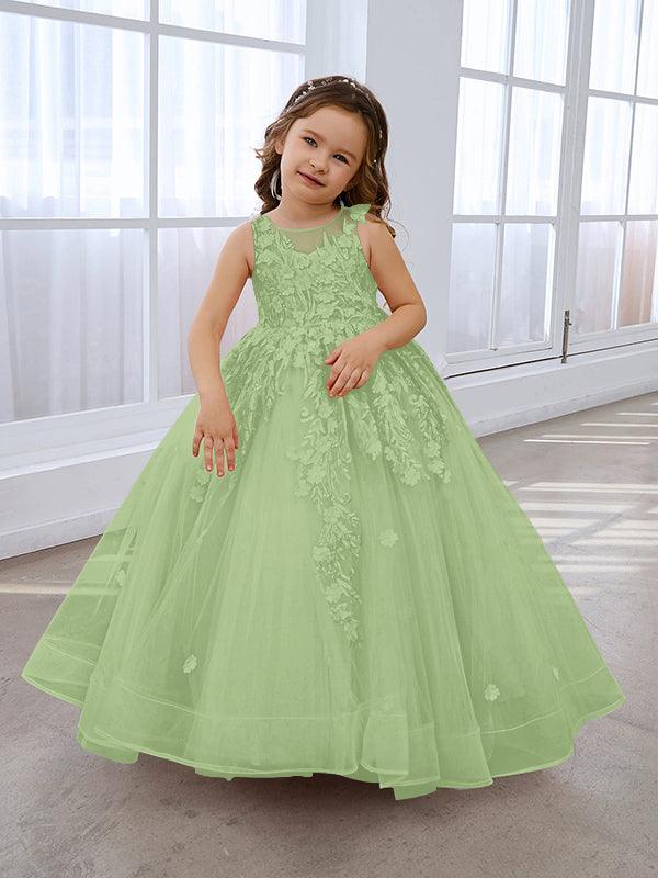 Vestido de princesa rosa para niña con apliques de encaje 
