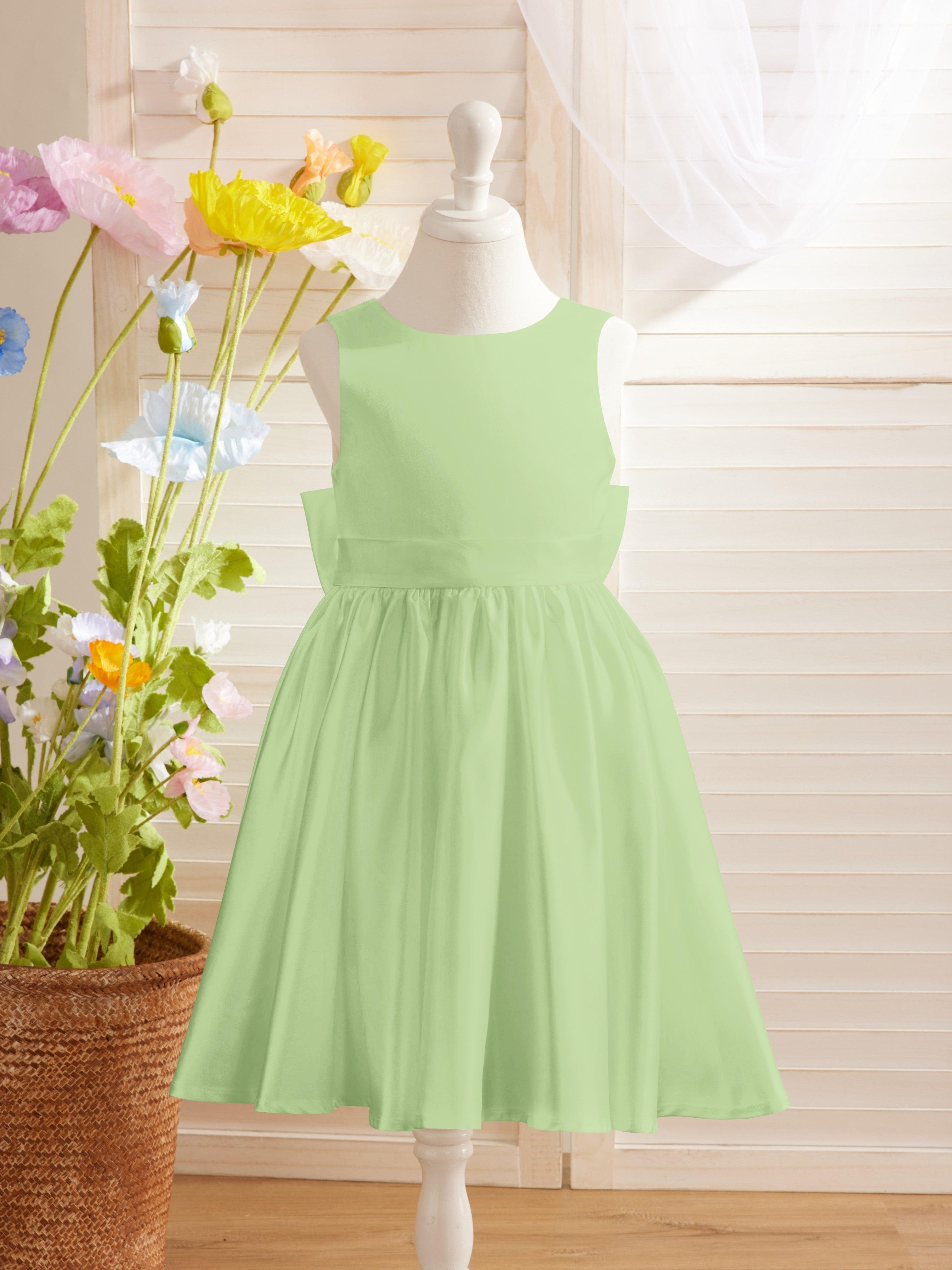 Elegante vestido de niña de las flores de satén con escote en V, corte A y lazo hasta la rodilla 