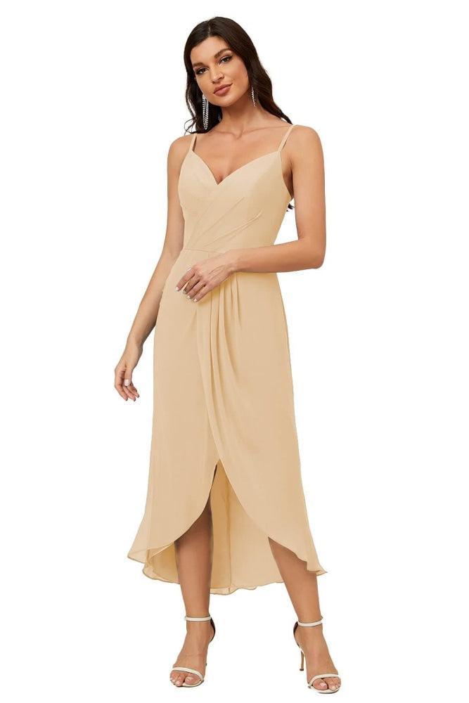 Numbersea Spaghetti Chiffon V Neck Bridesmaid Dress Mid-Length Slit Formal Prom Dress Homecoming Dress 2803-numbersea