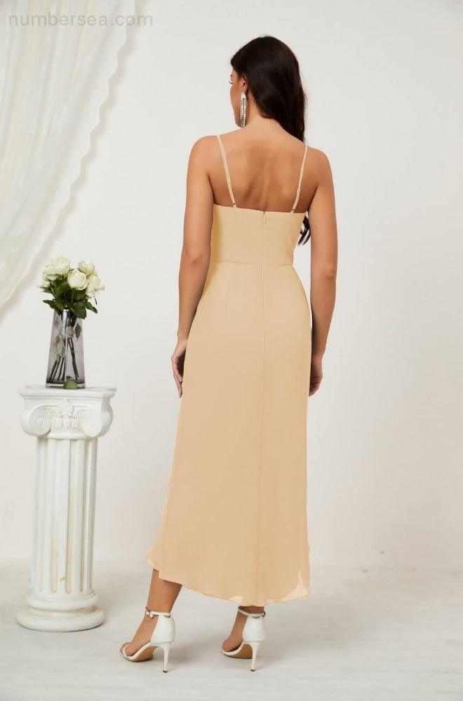 Numbersea Spaghetti Chiffon V Neck Bridesmaid Dress Mid-Length Slit Formal Prom Dress Homecoming Dress 2803-numbersea
