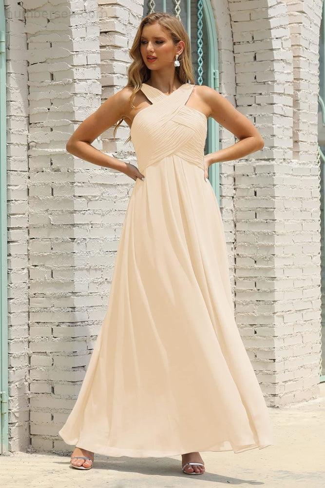 Numbersea Women Halter Chiffon Bridesmaid Dress A-line Long Formal Prom Gown SEA28015-numbersea