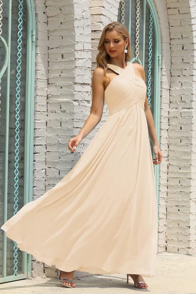 Numbersea Women Halter Chiffon Bridesmaid Dress A-line Long Formal Prom Gown SEA28015-numbersea