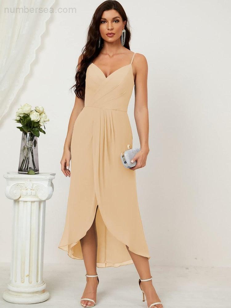 Numbersea Spaghetti Chiffon V Neck Bridesmaid Dress Mid-Length Slit Formal Prom Dress Homecoming Dress 2803-numbersea