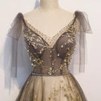 Hermoso vestido de fiesta largo con escote en V y corte A, vestido de graduación, hermosos vestidos de noche de encaje