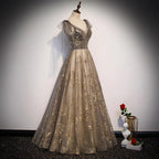 Hermoso vestido de fiesta largo con escote en V y corte A, vestido de graduación, hermosos vestidos de noche de encaje