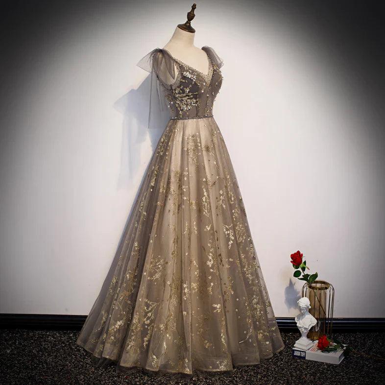 Hermoso vestido de fiesta largo con escote en V y corte A, vestido de graduación, hermosos vestidos de noche de encaje