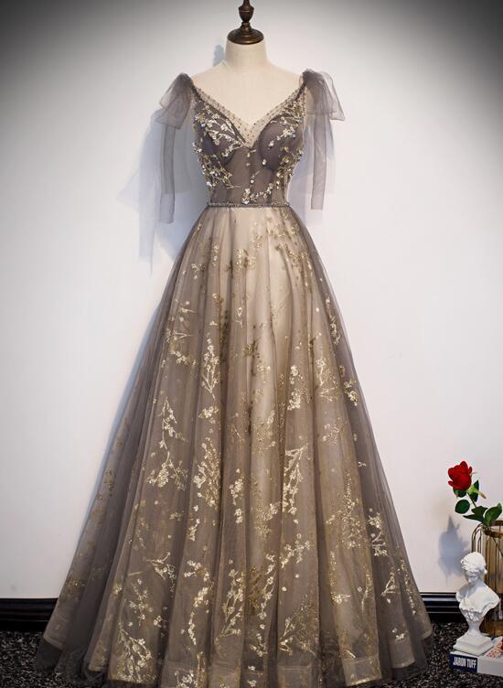 Hermoso vestido de fiesta largo con escote en V y corte A, vestido de graduación, hermosos vestidos de noche de encaje