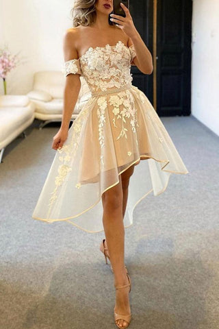 Champagne Tulle Off The Shoulder High Low Homecoming Dresses