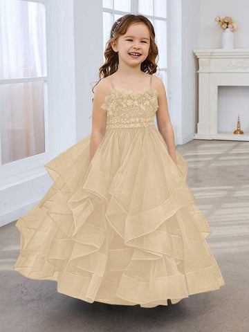 Slate Blue A-Line Princess Sleeveless Tulle Flower Girl Dress