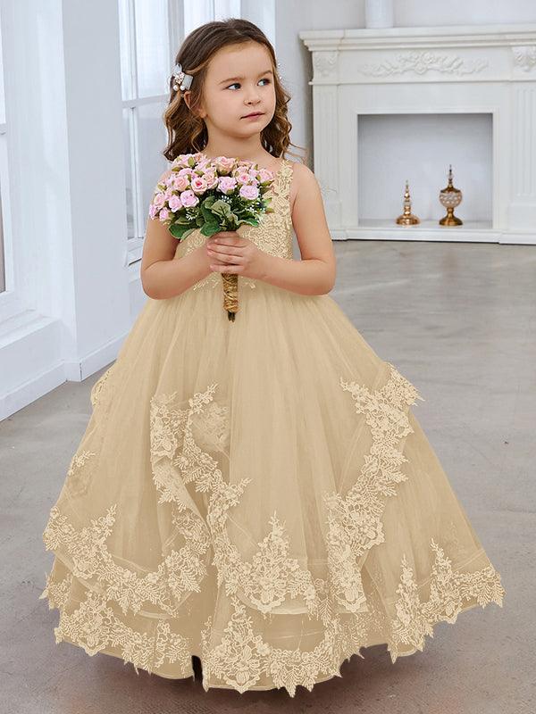 Vestido de princesa de tul sin mangas con apliques de encaje y cola larga para niñas 