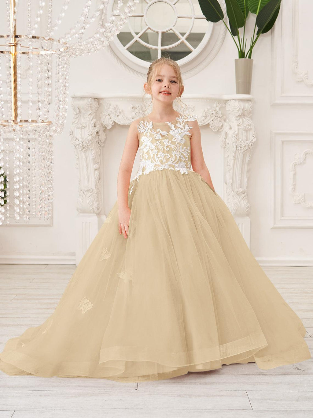 Elegante vestido de tul sin mangas estilo princesa de corte A para niña de las flores 