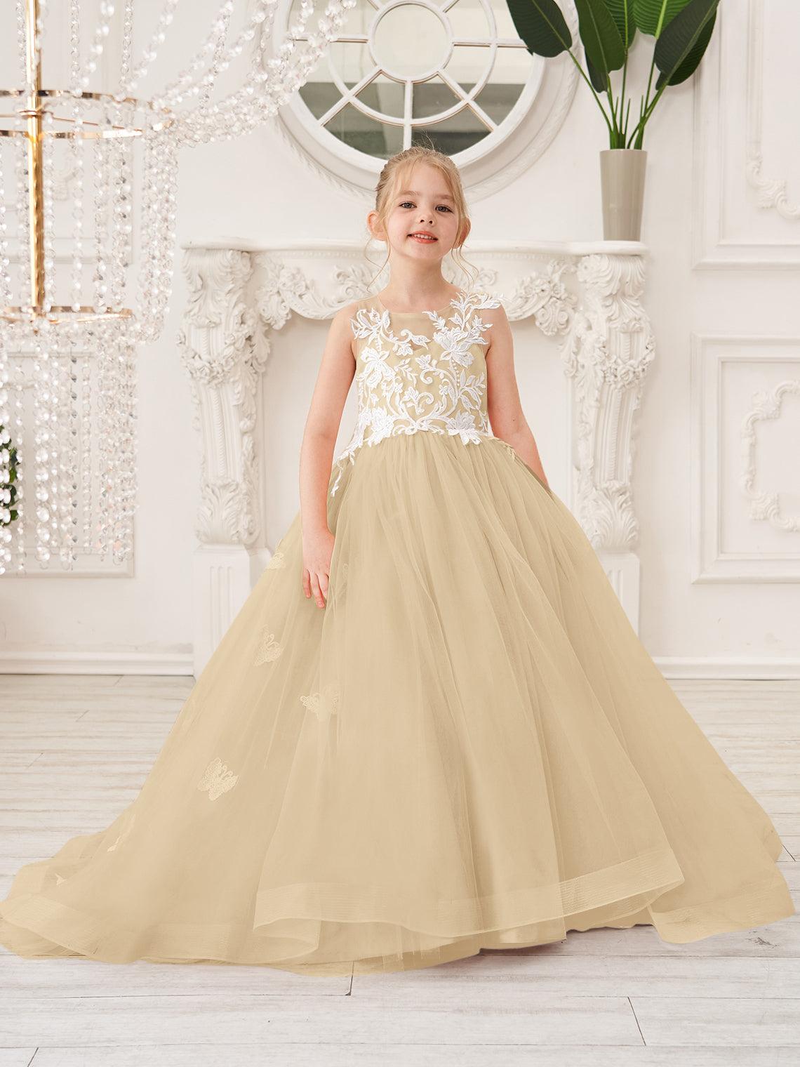 Elegante vestido de tul sin mangas estilo princesa de corte A para niña de las flores 