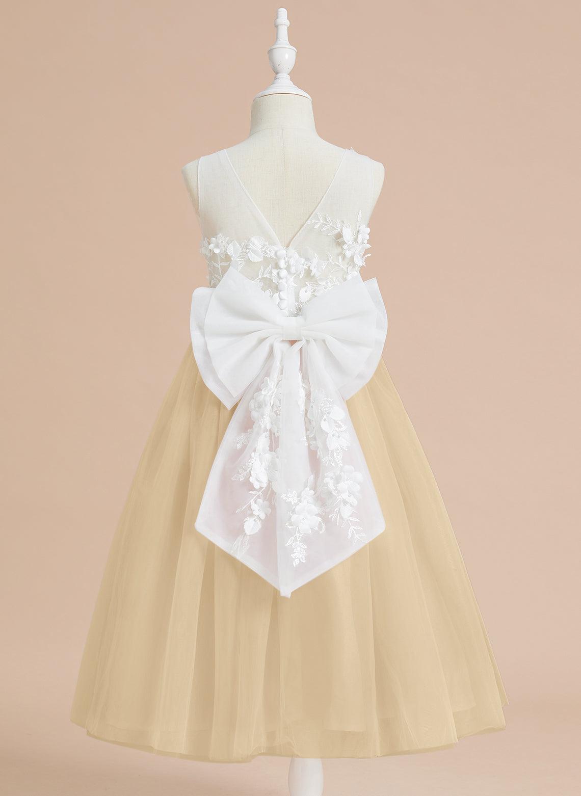 Vestido largo hasta la rodilla con encaje floral y lazo grande 