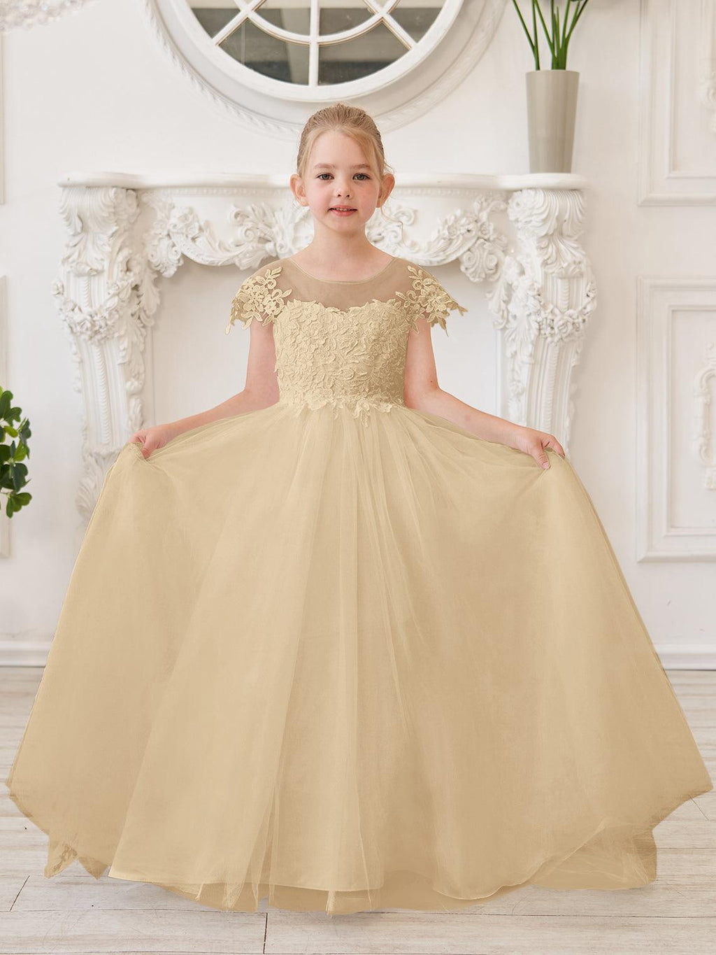 Vestido de princesa para primera comunión de niña de las flores, color marfil, con cola desmontable 