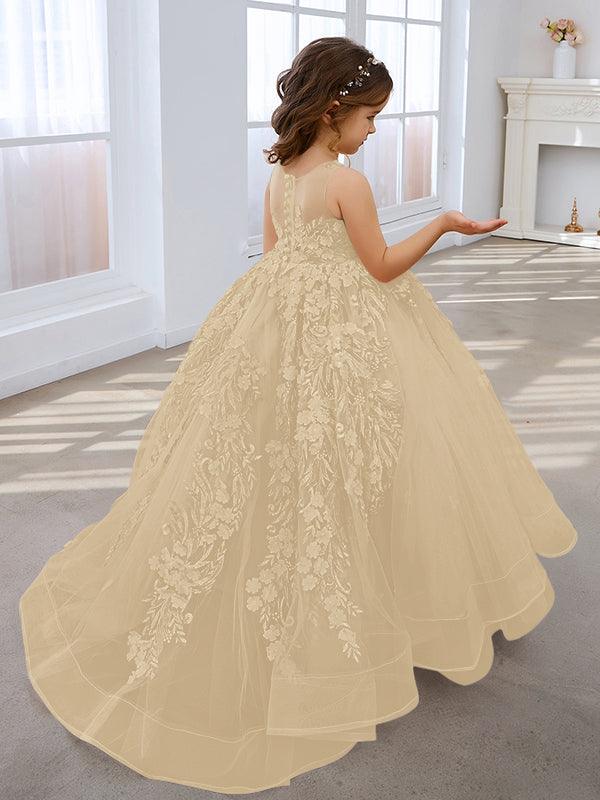 Vestido de princesa rosa para niña con apliques de encaje 