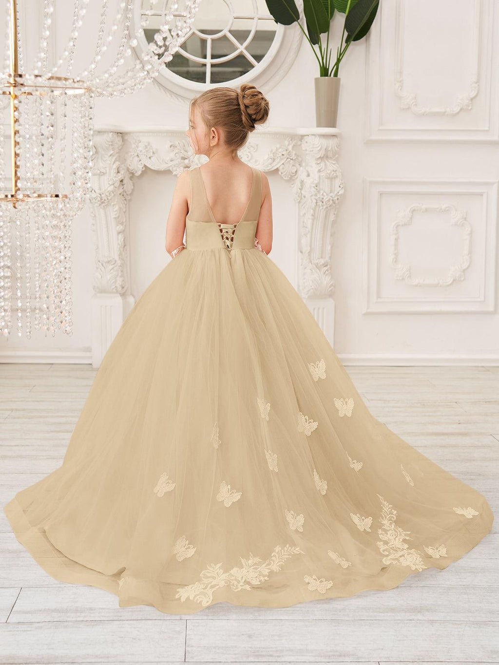 Elegante vestido de tul sin mangas estilo princesa de corte A para niña de las flores 