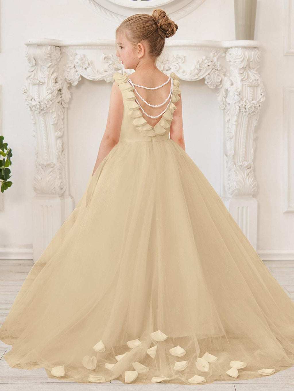 Elegante vestido de niña de las flores de tul blanco con cola larga 