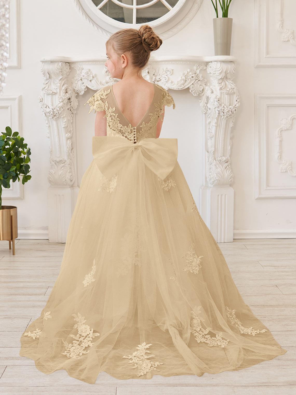 Vestido de princesa para primera comunión de niña de las flores, color marfil, con cola desmontable 