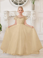 Vestido de princesa para primera comunión de niña de las flores, color marfil, con cola desmontable 