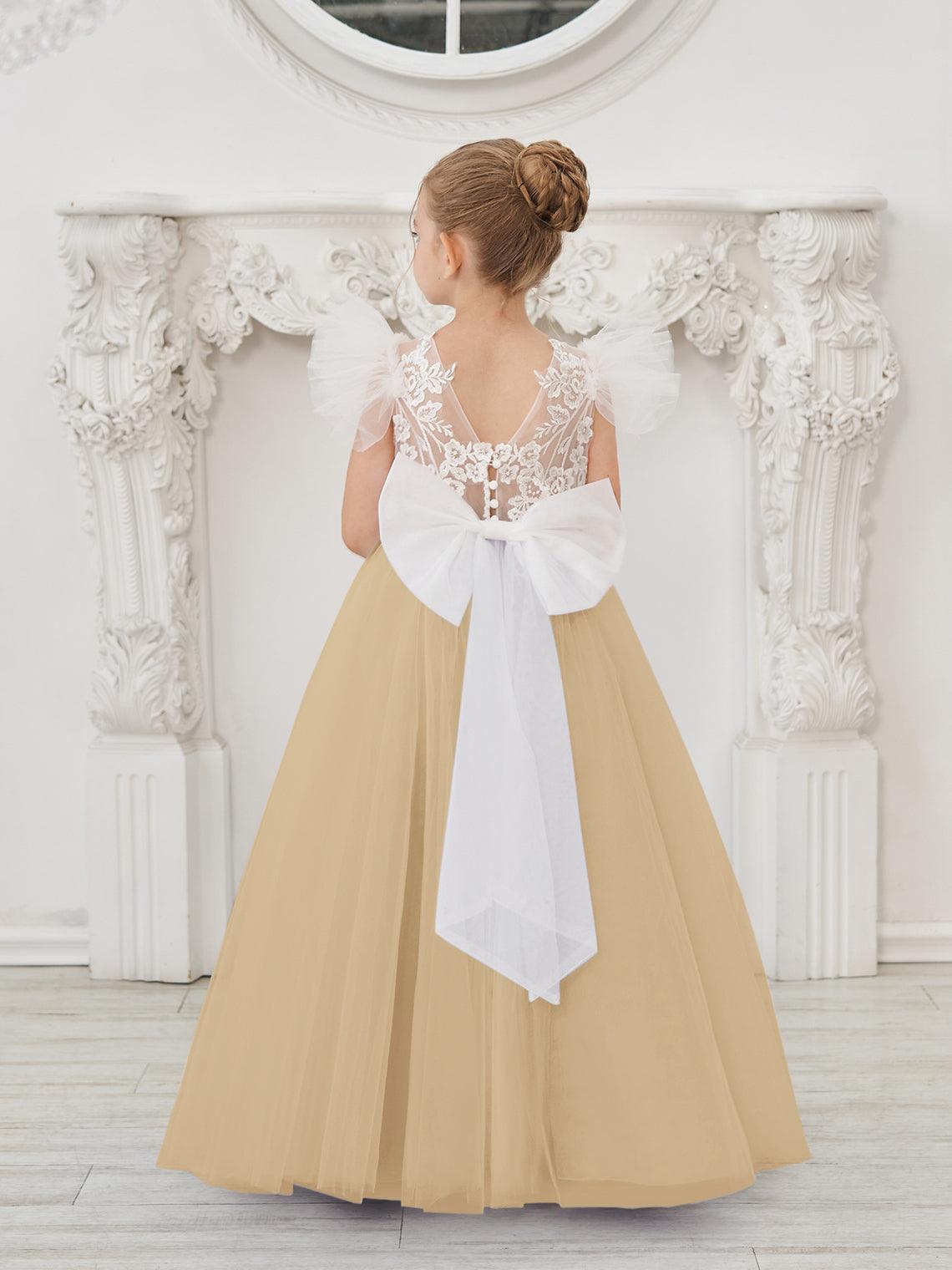 Vestido de niña de las flores con cola larga y tul con encaje desmontable 