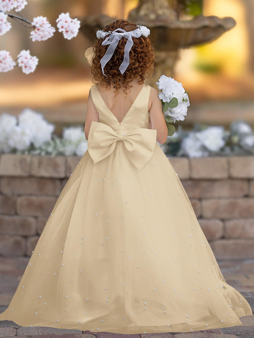 Elegante vestido de princesa de satén y tul para niña de las flores 