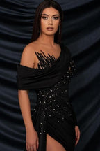 Vestido de fiesta largo con encaje negro, encantador, con abertura frontal y manga larga