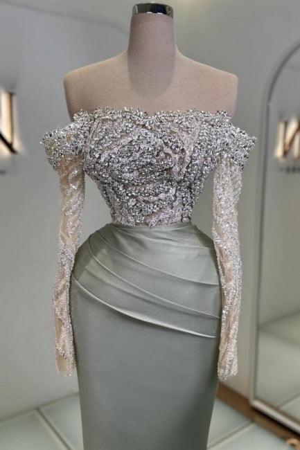 Bezauberndes langes Meerjungfrau-Ballkleid mit schulterfreiem Spitzen-Glitzer und langen Ärmeln
