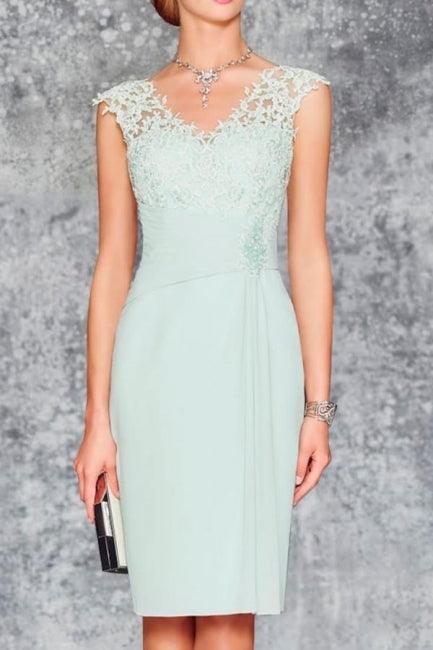 Bezauberndes, kurzes, mintgrünes Chiffon-Spitzenkleid für die Brautmutter mit Jacke