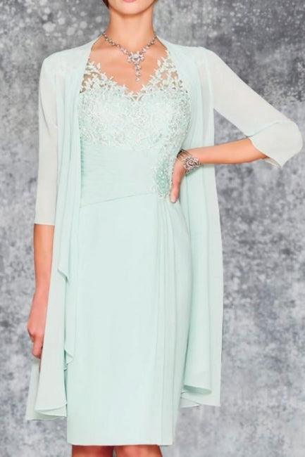 Bezauberndes, kurzes, mintgrünes Chiffon-Spitzenkleid für die Brautmutter mit Jacke