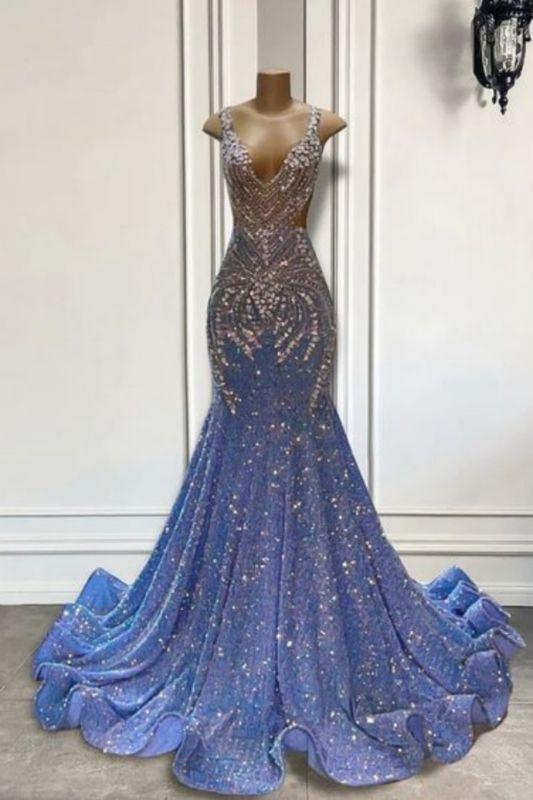 Charmantes ärmelloses Ballkleid im Meerjungfrau-Stil mit Rundhalsausschnitt, Glitzerkristallen