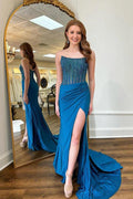 Bezauberndes blaues Meerjungfrau-Ballkleid mit Rundhalsausschnitt und Perlenbesatz PSK606
