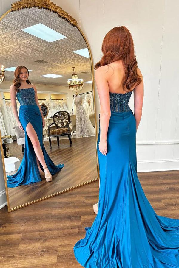Bezauberndes blaues Meerjungfrau-Ballkleid mit Rundhalsausschnitt und Perlenbesatz PSK606