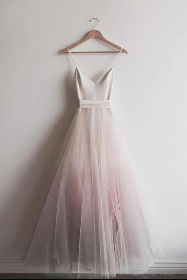 Vestidos de fiesta con tirantes finos, corte A, largo hasta el suelo, escote en V, tul