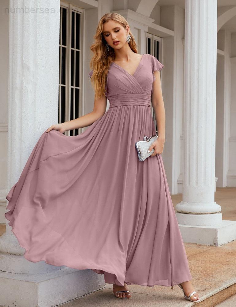 Numbersea V-Neck Bridesmaid Dress Floor Length Backless Formal Evening Dress 28024-numbersea