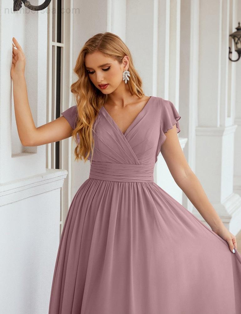 Numbersea V-Neck Bridesmaid Dress Floor Length Backless Formal Evening Dress 28024-numbersea