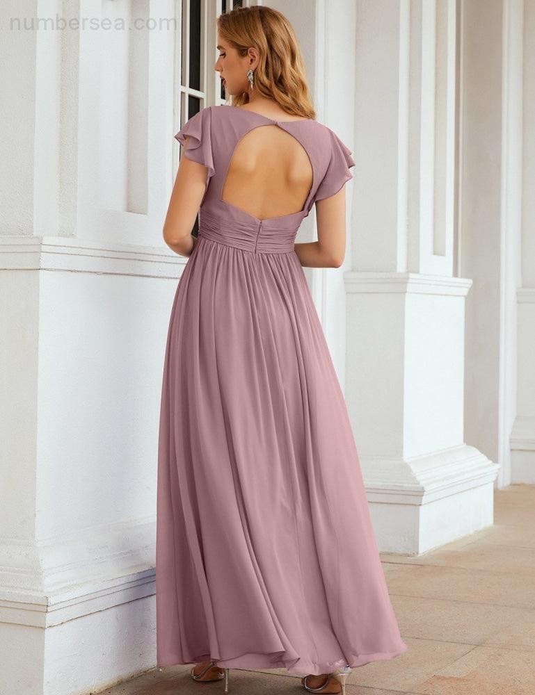 Numbersea V-Neck Bridesmaid Dress Floor Length Backless Formal Evening Dress 28024-numbersea