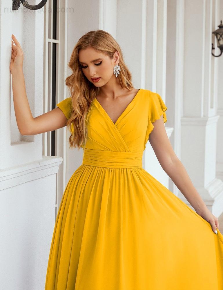 Numbersea V-Neck Bridesmaid Dress Floor Length Backless Formal Evening Dress 28024-numbersea