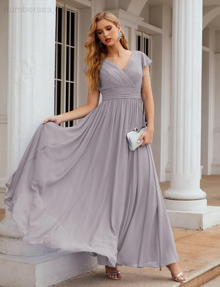 Numbersea V-Neck Bridesmaid Dress Floor Length Backless Formal Evening Dress 28024-numbersea