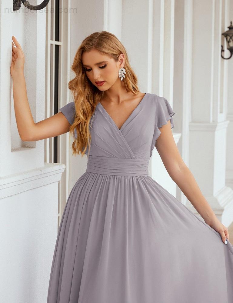 Numbersea V-Neck Bridesmaid Dress Floor Length Backless Formal Evening Dress 28024-numbersea
