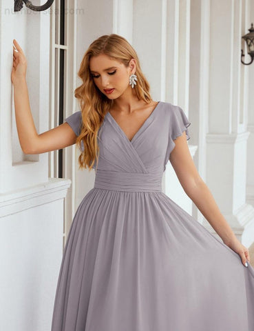 Numbersea V-Neck Bridesmaid Dress Floor Length Backless Formal Evening Dress 28024-numbersea