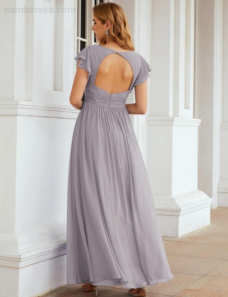 Numbersea V-Neck Bridesmaid Dress Floor Length Backless Formal Evening Dress 28024-numbersea