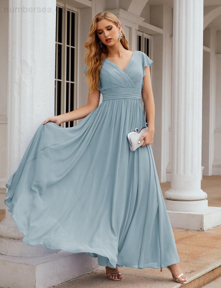 Numbersea V-Neck Bridesmaid Dress Floor Length Backless Formal Evening Dress 28024-numbersea