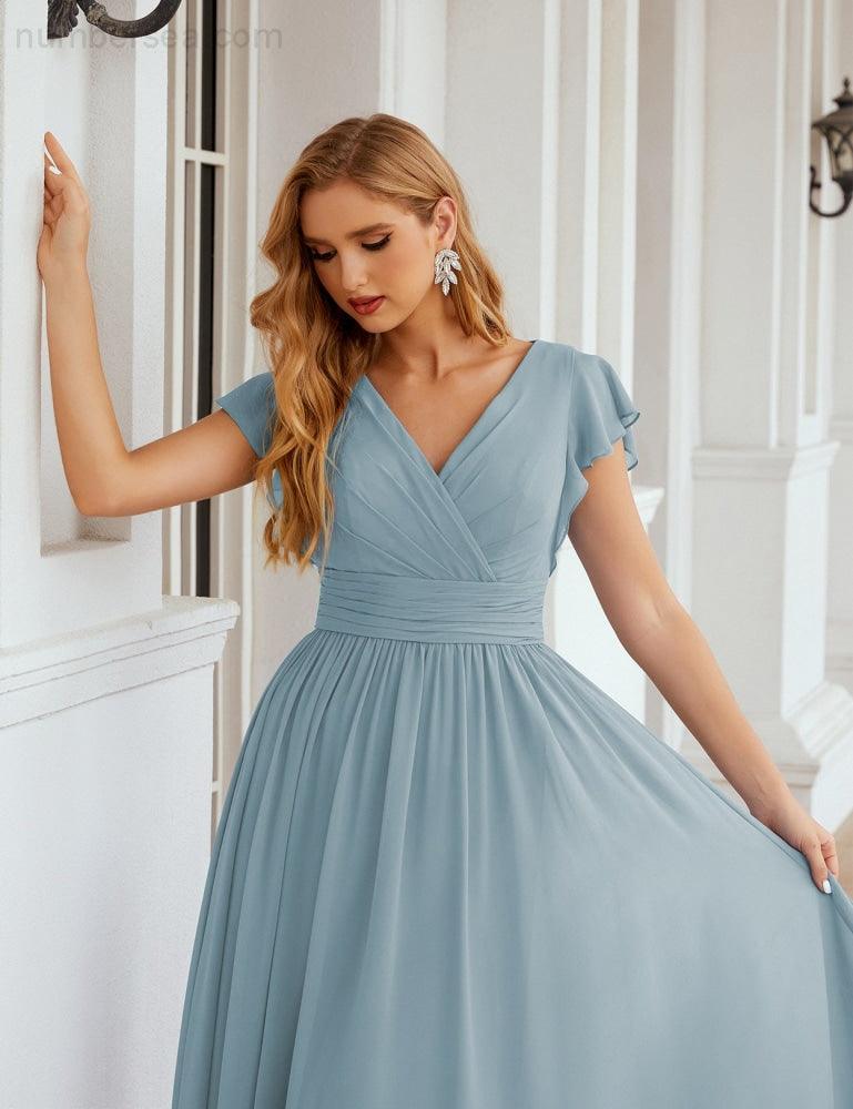 Numbersea V-Neck Bridesmaid Dress Floor Length Backless Formal Evening Dress 28024-numbersea
