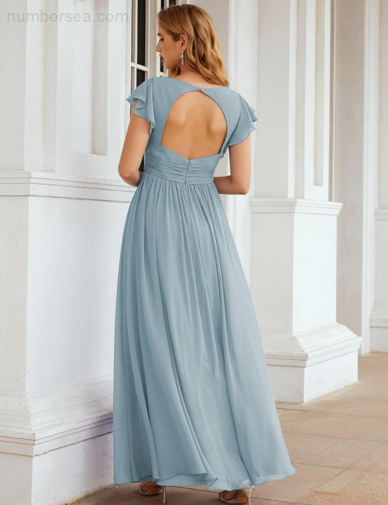 Numbersea V-Neck Bridesmaid Dress Floor Length Backless Formal Evening Dress 28024-numbersea