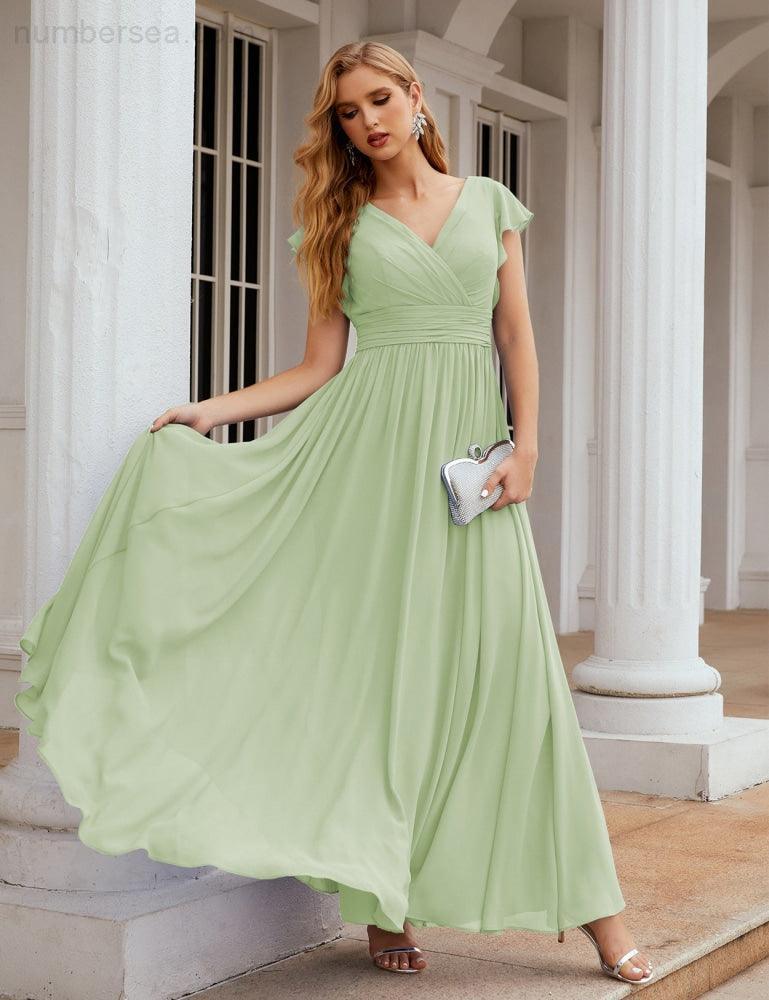 Numbersea V-Neck Bridesmaid Dress Floor Length Backless Formal Evening Dress 28024-numbersea