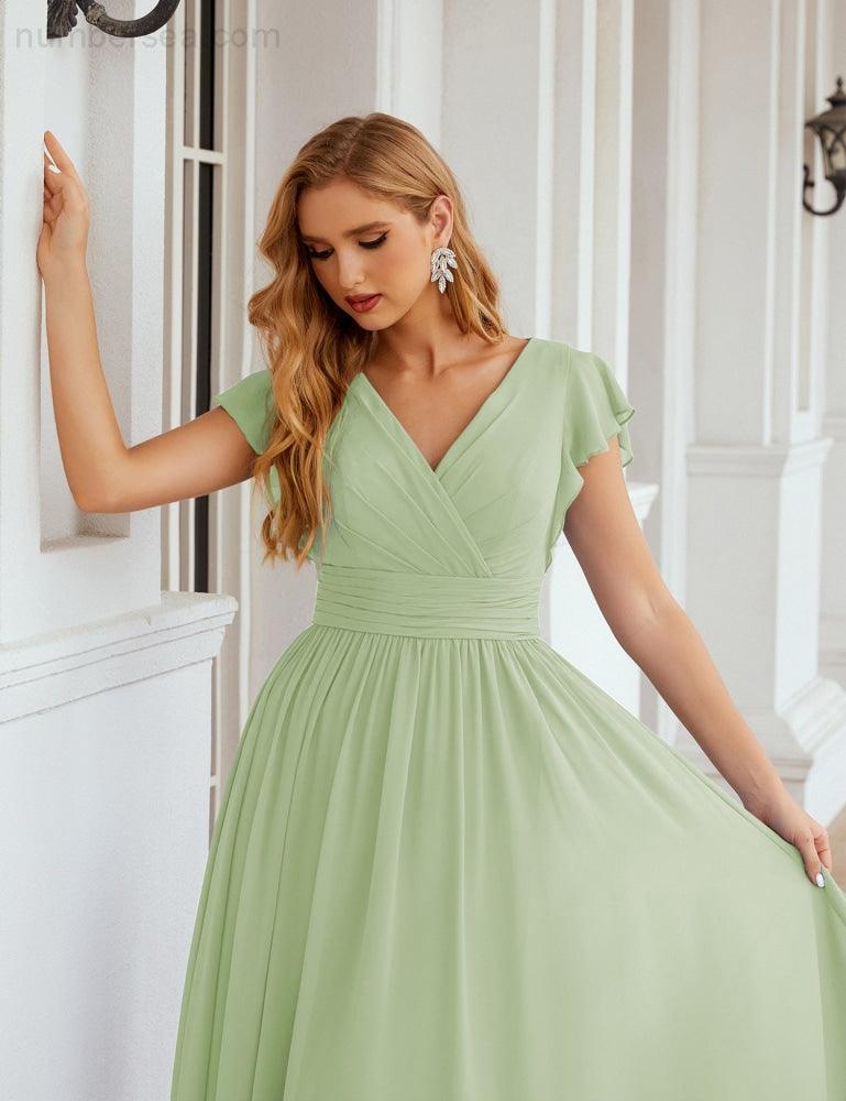Numbersea V-Neck Bridesmaid Dress Floor Length Backless Formal Evening Dress 28024-numbersea