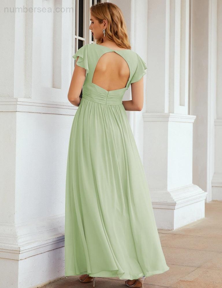 Numbersea V-Neck Bridesmaid Dress Floor Length Backless Formal Evening Dress 28024-numbersea